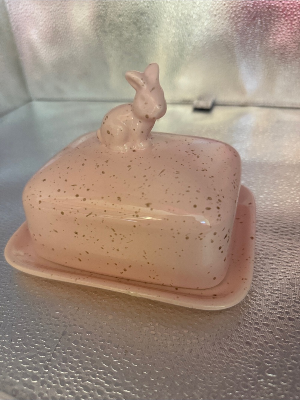 Pink Speckled Ceramic Bunny Butter Dish